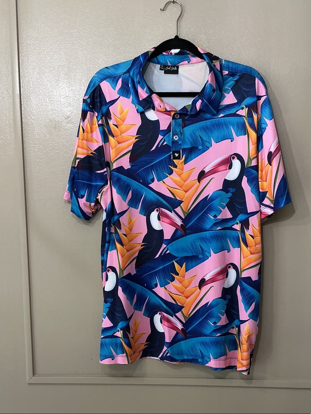 Bad Birdie Pink Tropical Toucan Polo with Blue Leaves